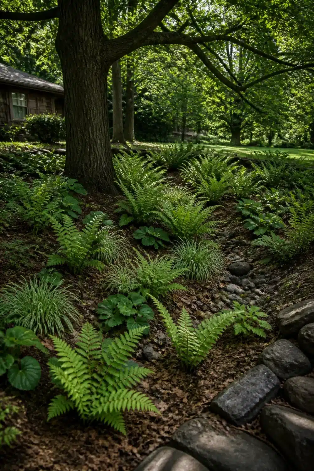 Shady rain garden design with ferns, sedge, and rock edging under a mature tree canopy.
