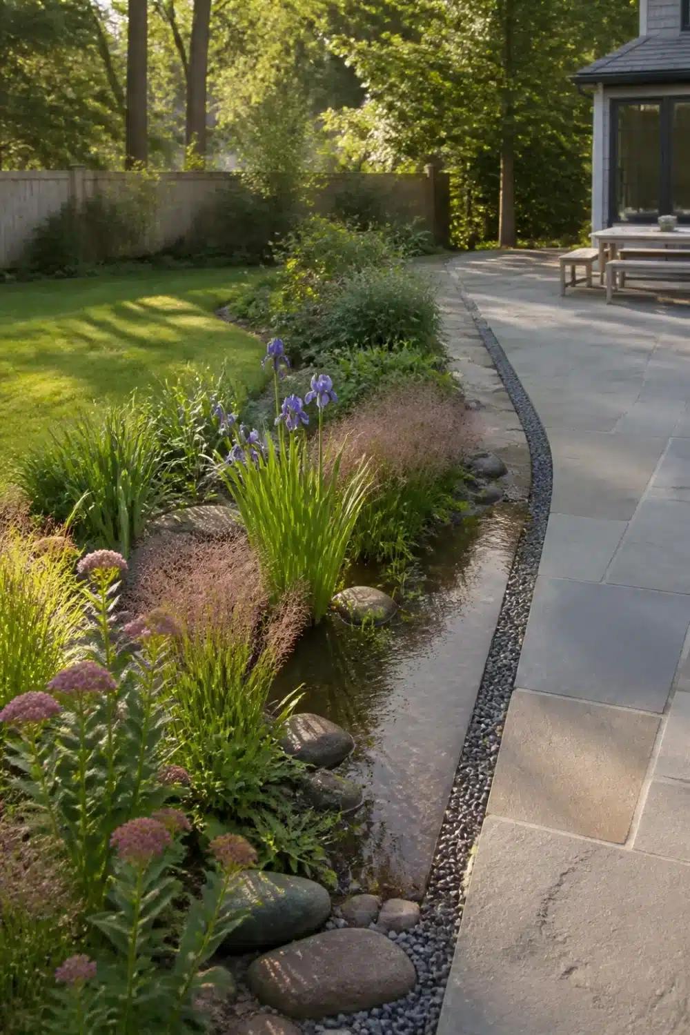 Rain garden design with bluestone patio-edge rill, Siberian iris, and black pebble drainage channel in a backyard garden.