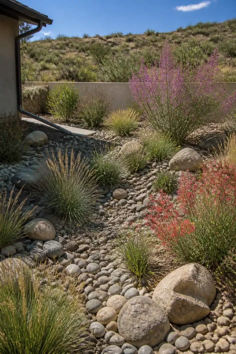 Desert native plant rain garden design with dry creek swale, river cobbles, and wildfire-resilient shrubs and grasses