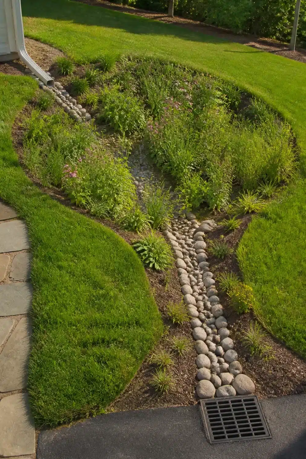 Forked river rock channel multi-inlet rain garden design with planted swale and street drain overflow — front yard