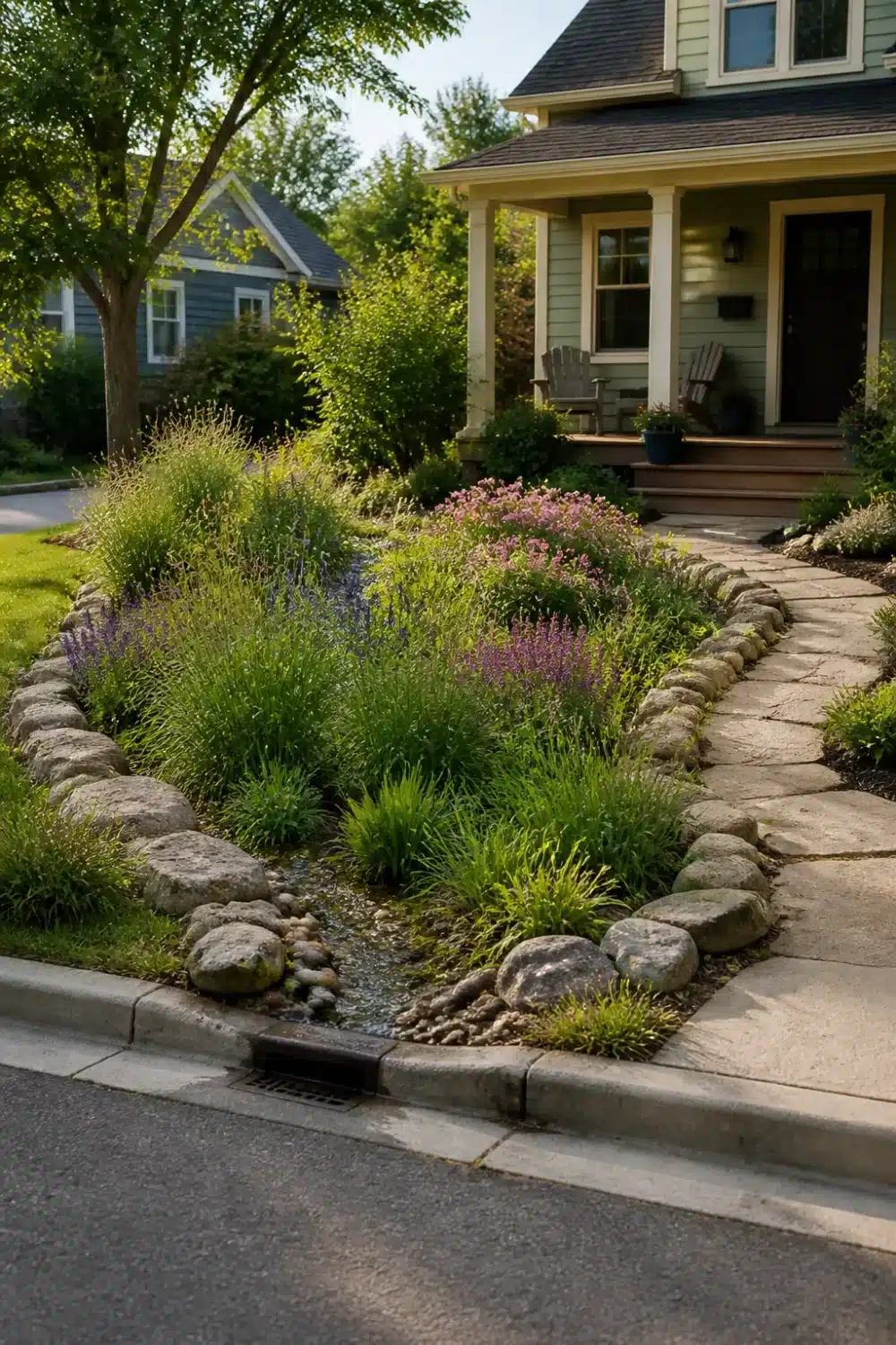 Front yard rain garden design with curb-cut inlet, stone edging, lavender, and perennial plantings for stormwater drainage.