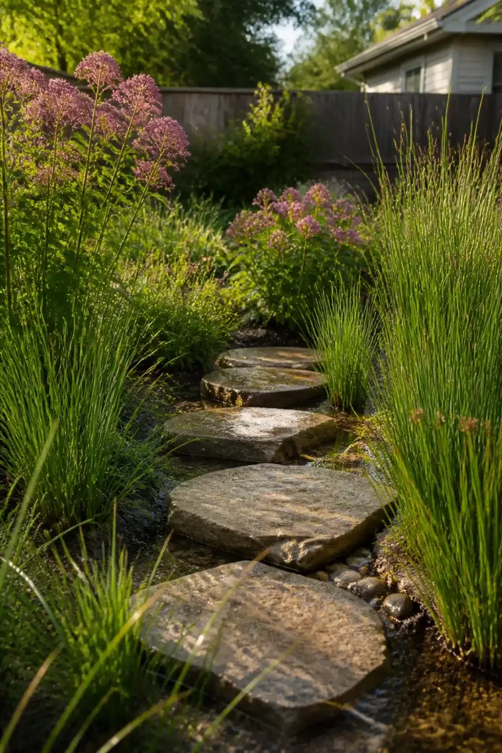 Rain garden design with flat stepping stones through a planted swale with pink flowers and ornamental grasses