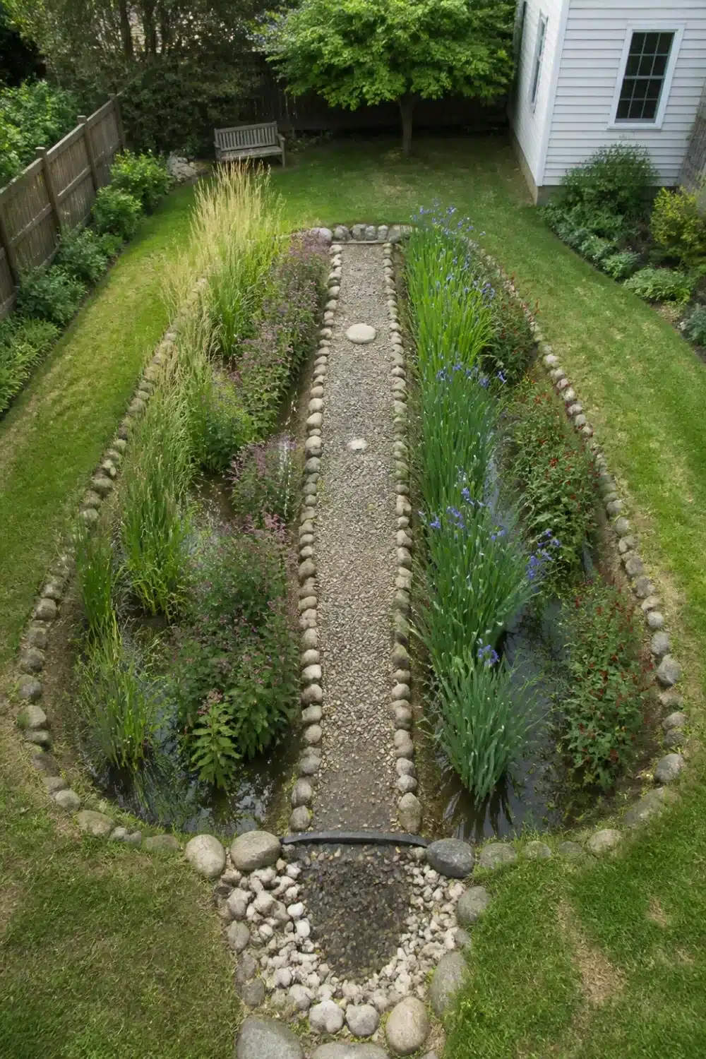 Aerial view of a twin basin oval rain garden design with gravel center path, river stone edging, and iris plantings.