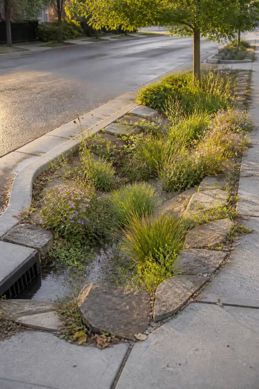 Curb strip rain garden design with flat fieldstones, ornamental grass clumps, and a street-side storm drain in golden evening light.