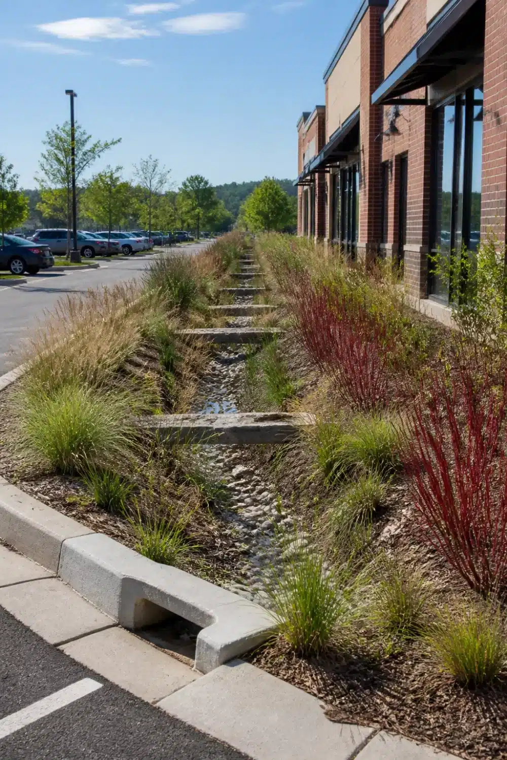 Commercial rain garden design with stepped concrete weirs, ornamental grasses, and red barberry along a brick building facade.