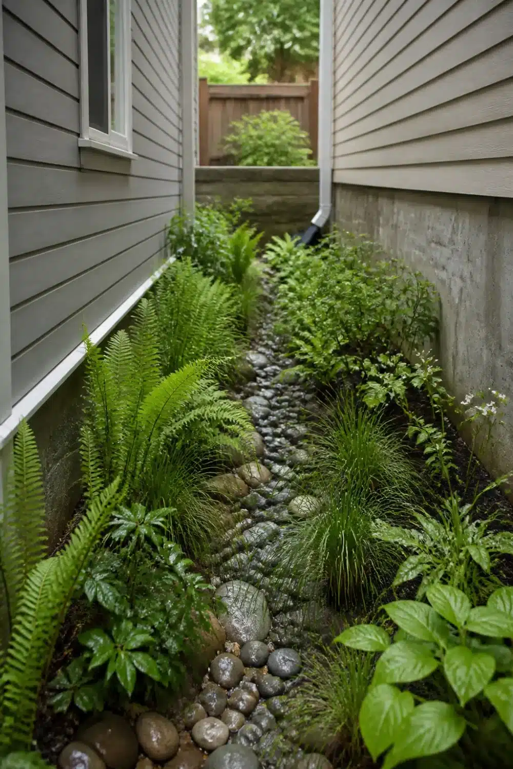 Narrow side yard rain garden design with ferns, sedges, and a river rock drainage swale between two houses.