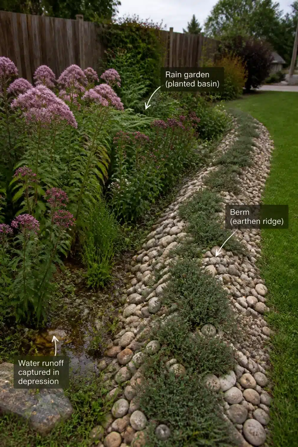 Rain garden design with river rock berm, earthen ridge, and Joe-Pye weed planted basin for runoff management