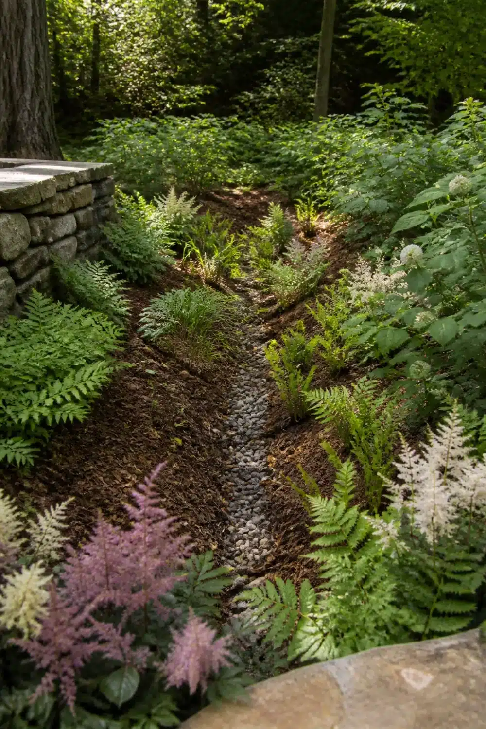 Woodland rain garden design with fern, astilbe, and a gravel swale channel between a stone retaining wall and trees.