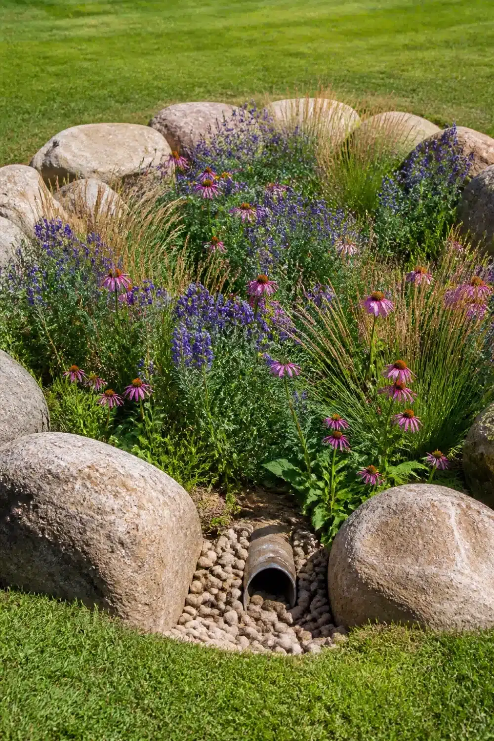 Boulder-edged rain garden design with corrugated pipe inlet, pebble apron, coneflowers, and salvia in planted basin.