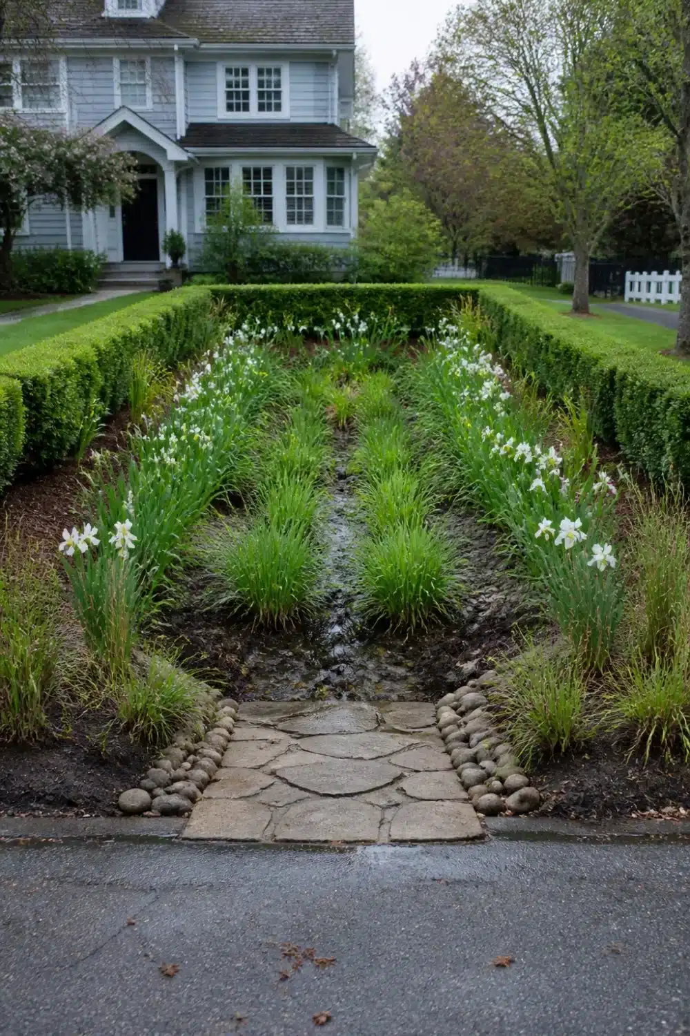 Formal symmetrical rain garden design with clipped hedges, central rill channel, white iris, and cobblestone edging in a front yard.