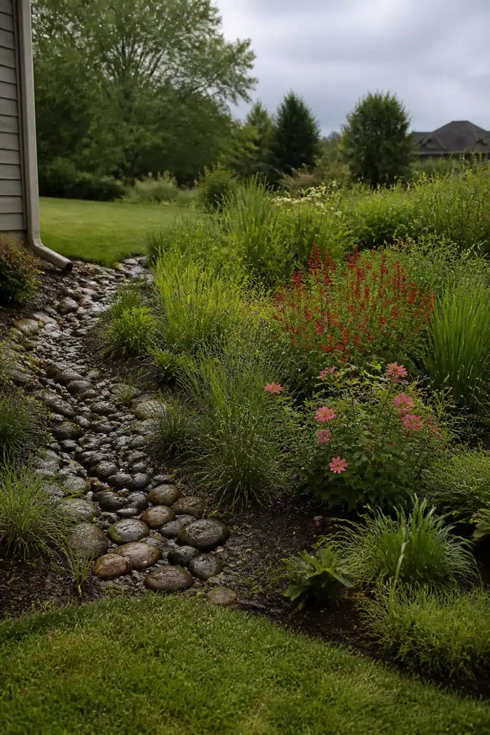 Dry creek bed rain garden design with river rocks, red salvia, ornamental grasses, and downspout drainage swale.