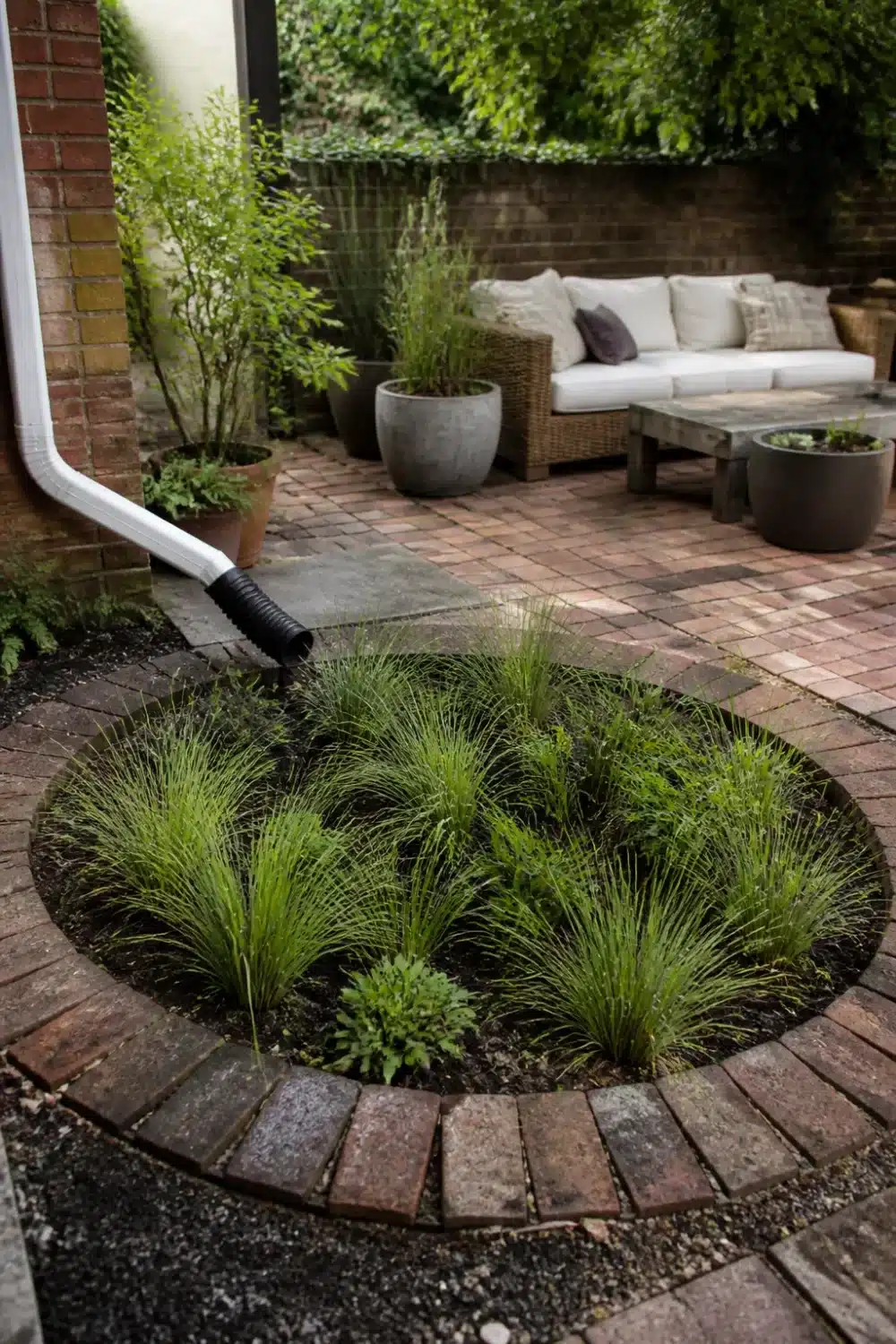 Circular brick-edged rain garden design in a compact urban backyard with ornamental grasses fed by a downspout diverter