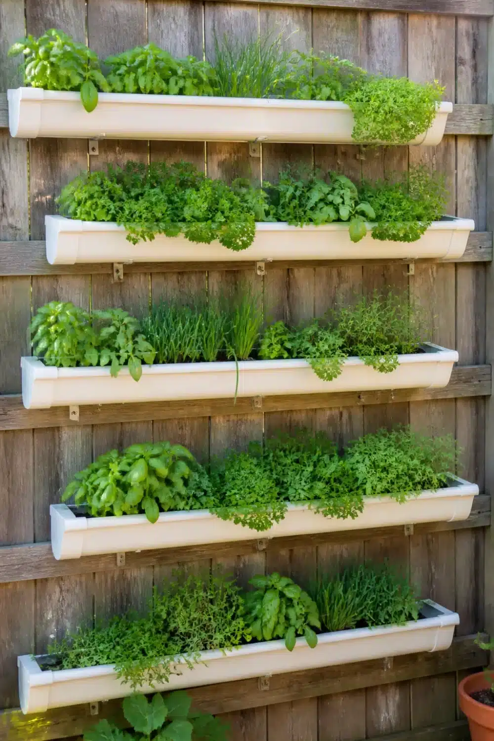 Rain gutter garden with five rows of white PVC gutters mounted on a weathered wood fence, growing fresh herbs.