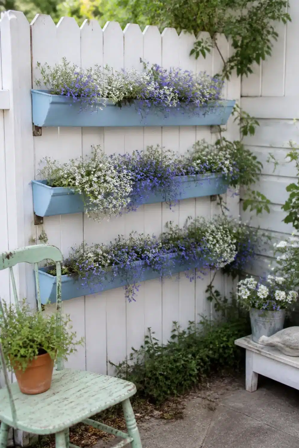 Rain gutter garden on white picket fence with stacked blue metal gutters overflowing with purple lobelia and white alyssum.