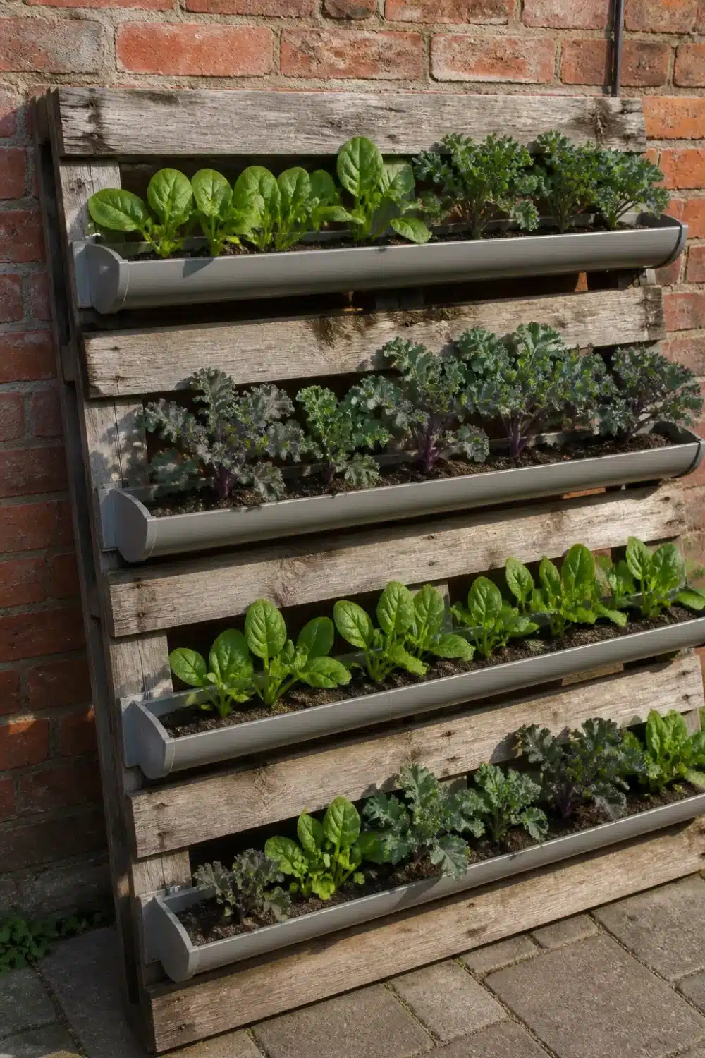 Rain gutter garden on a reclaimed wood pallet growing kale and spinach against a brick wall.