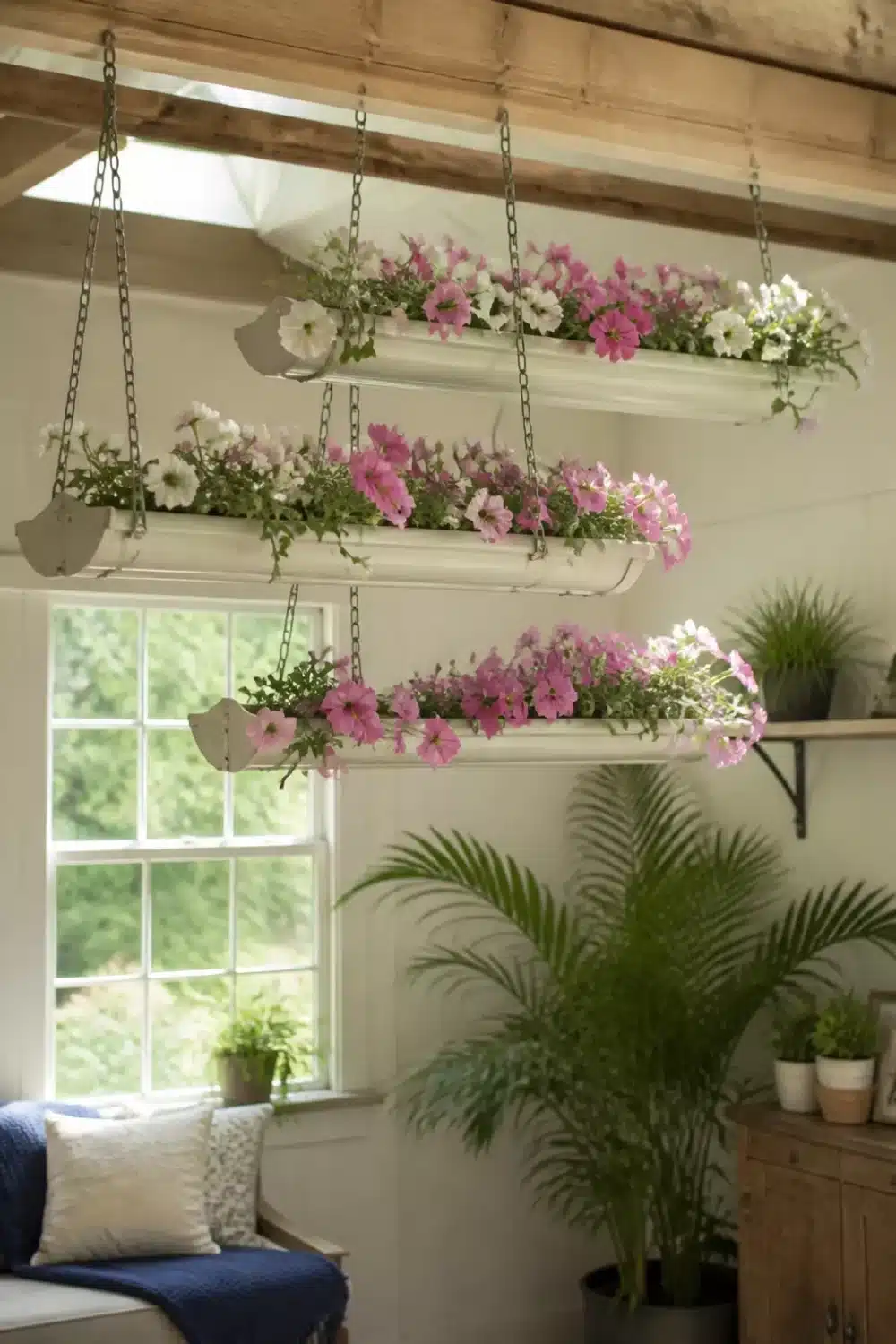 Rain gutter garden with pink petunias growing in cream gutters hung by chains from wood ceiling beams indoors