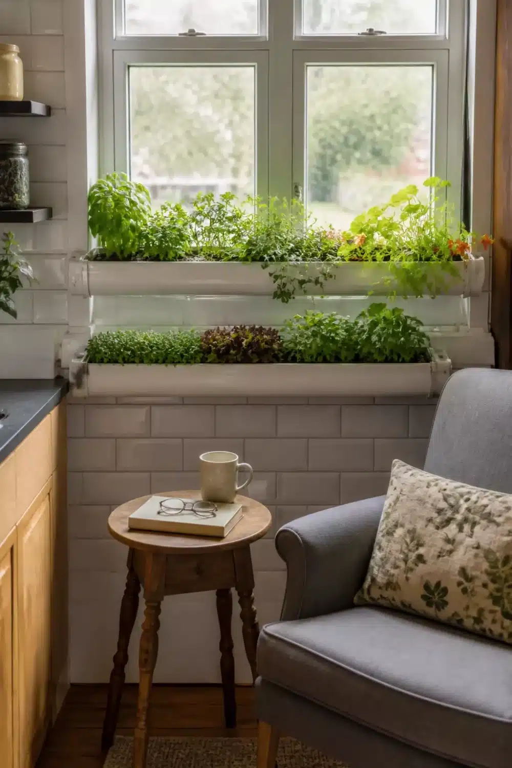 Indoor rain gutter garden with herbs and microgreens growing in white gutters on a sunny kitchen windowsill.