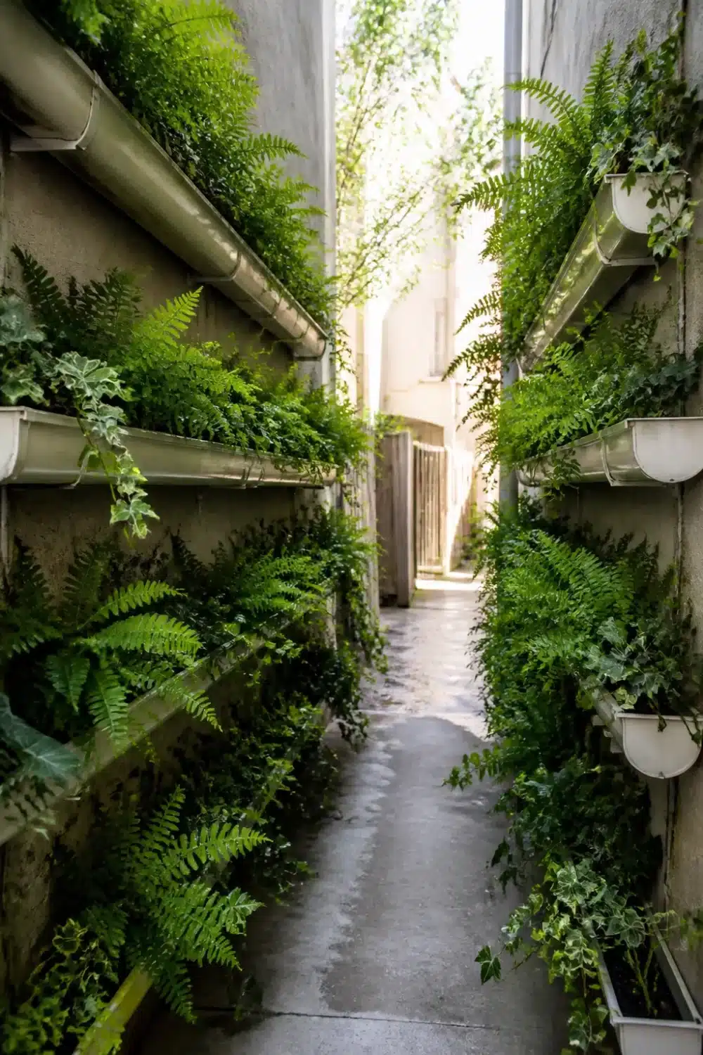 Rain gutter garden in a narrow concrete side yard with ferns and ivy growing in staggered white gutters on both walls.