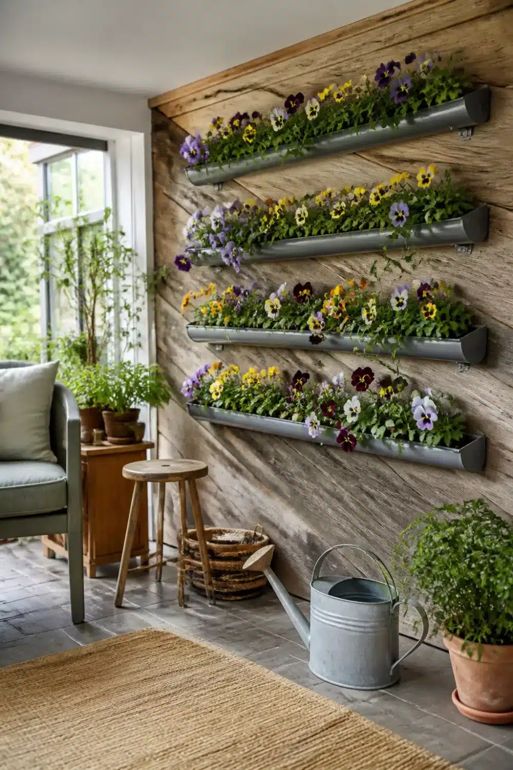 Diagonal galvanized rain gutter garden on reclaimed wood wall planted with colorful pansies indoors