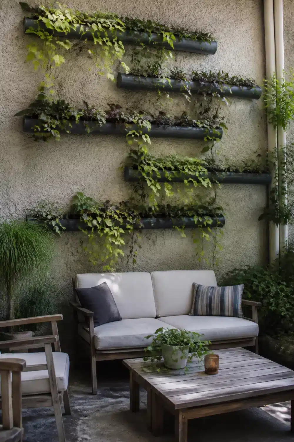 Staggered dark rain gutter garden on a stucco wall with trailing ivy and mixed foliage above a wood patio sofa