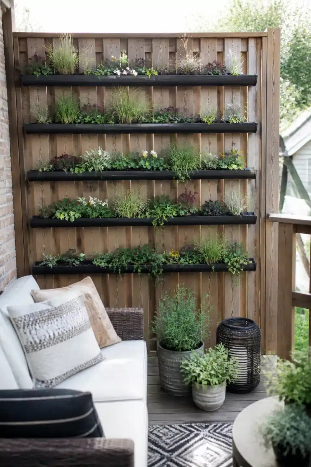 Rain gutter garden on a cedar deck privacy fence with five rows of black gutters growing herbs and mixed plants.