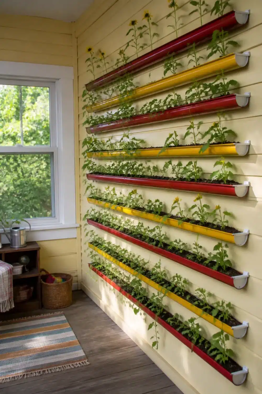 Red and yellow rain gutter garden rows mounted on yellow siding with seedlings and sunflowers growing in each gutter.