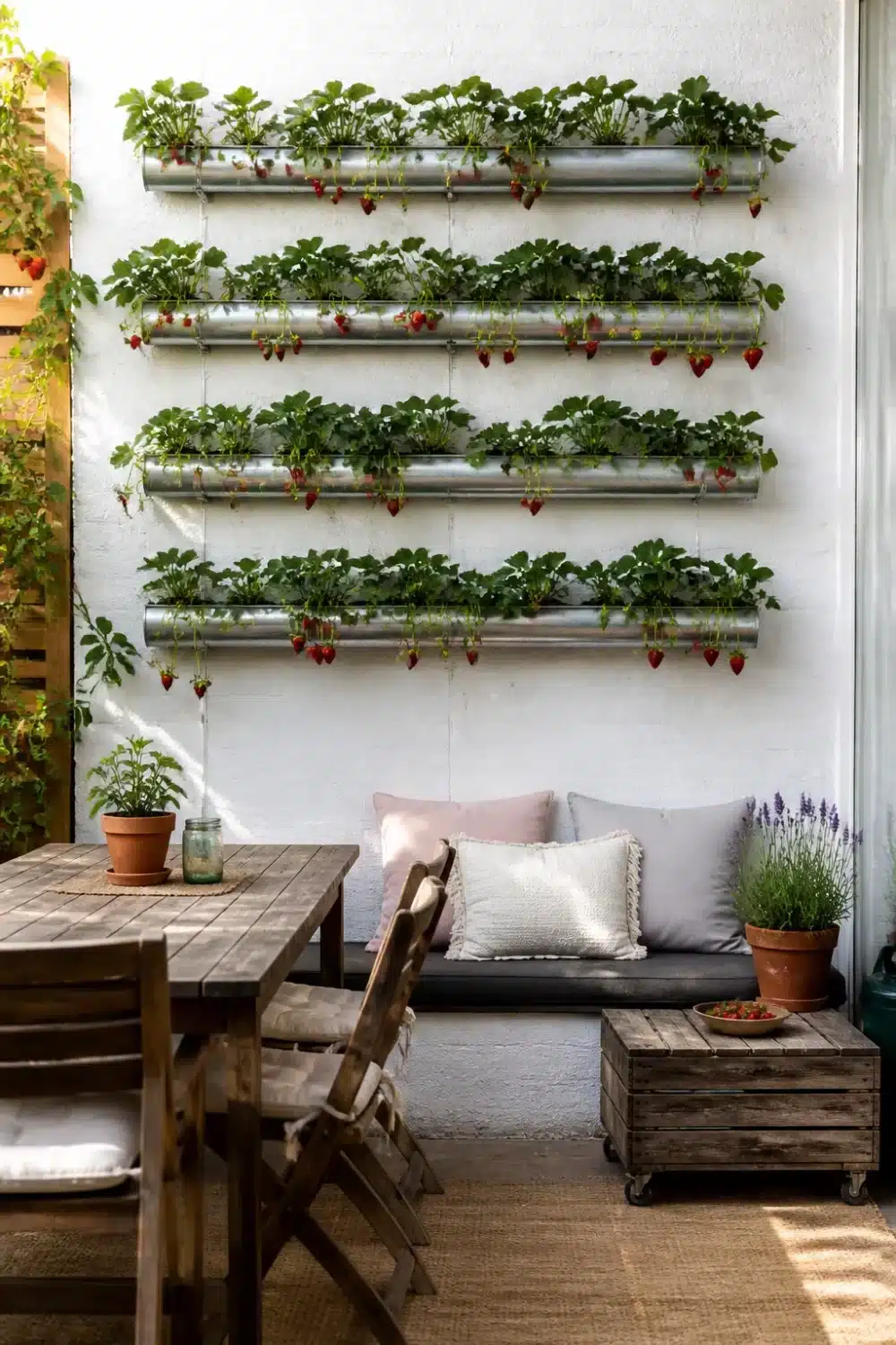 Galvanized rain gutter garden on white wall with strawberry plants in full fruit above a patio seating area.