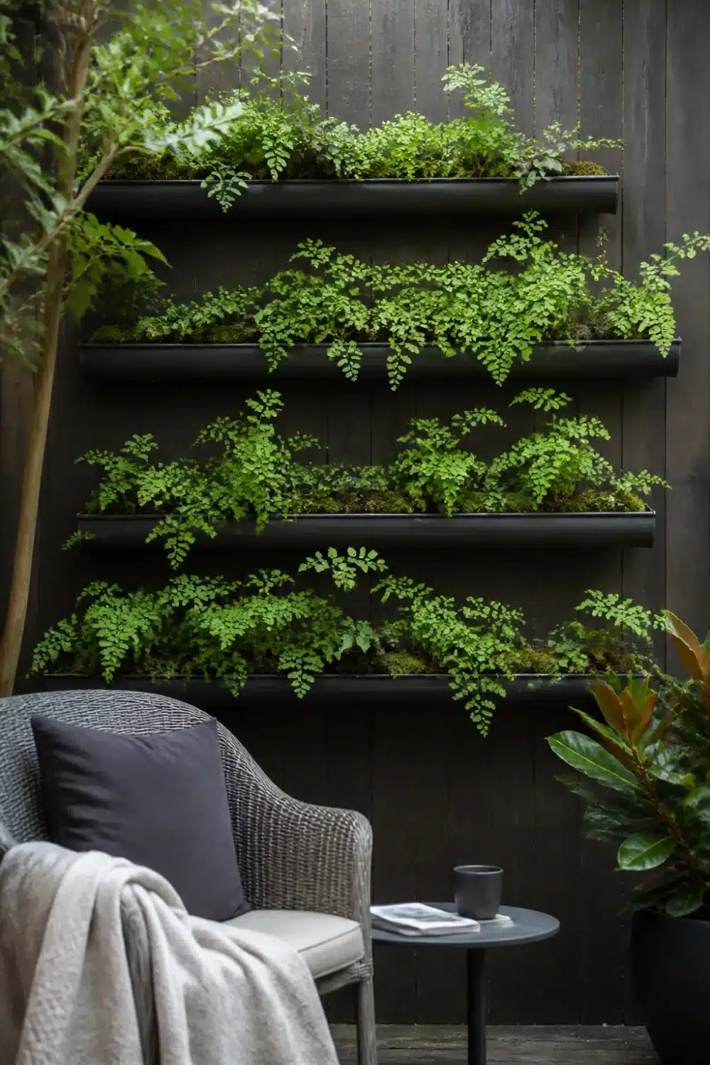 Black rain gutter garden on dark fence with maidenhair ferns and moss, beside a wicker chair outdoors.