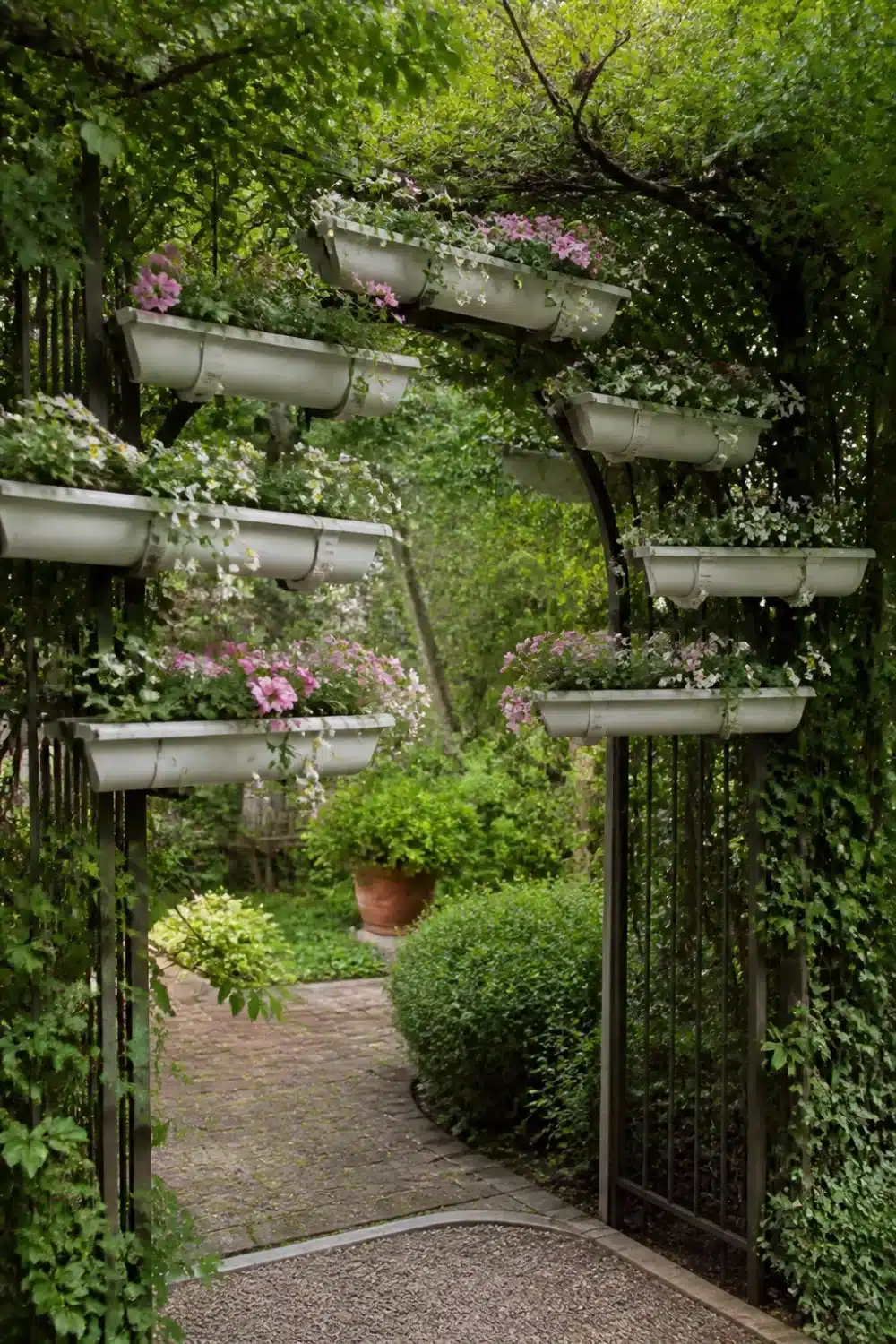 Rain gutter garden on an iron arch gate with tiered white gutters spilling pink flowers and trailing ivy.