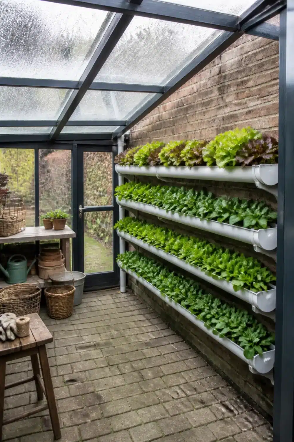 Rain gutter garden inside a lean-to greenhouse with four tiers of salad lettuce growing in white gutters on a brick wall.