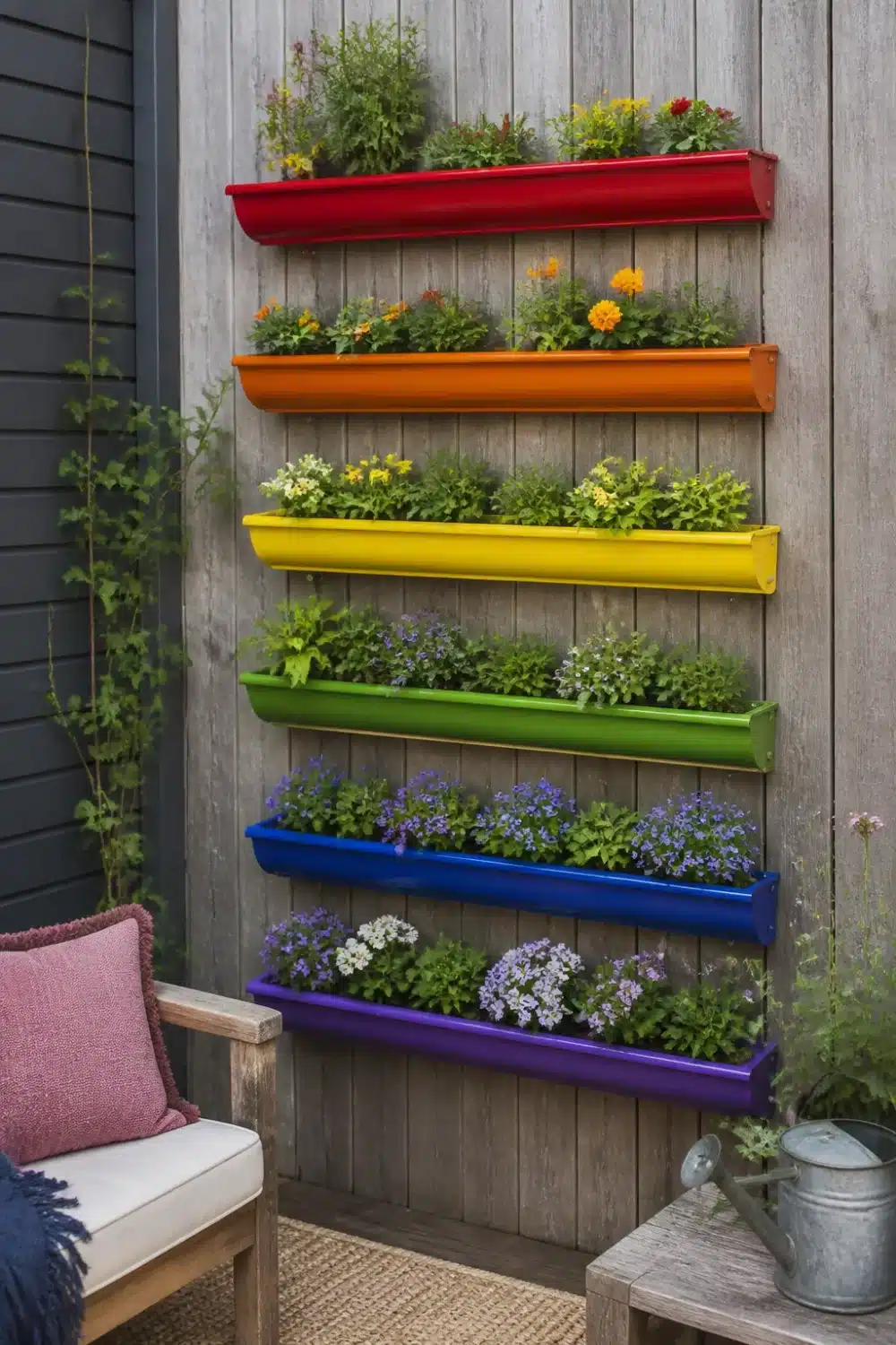 Rainbow painted rain gutter garden on weathered wood fence with six colorful rows of flowering plants.