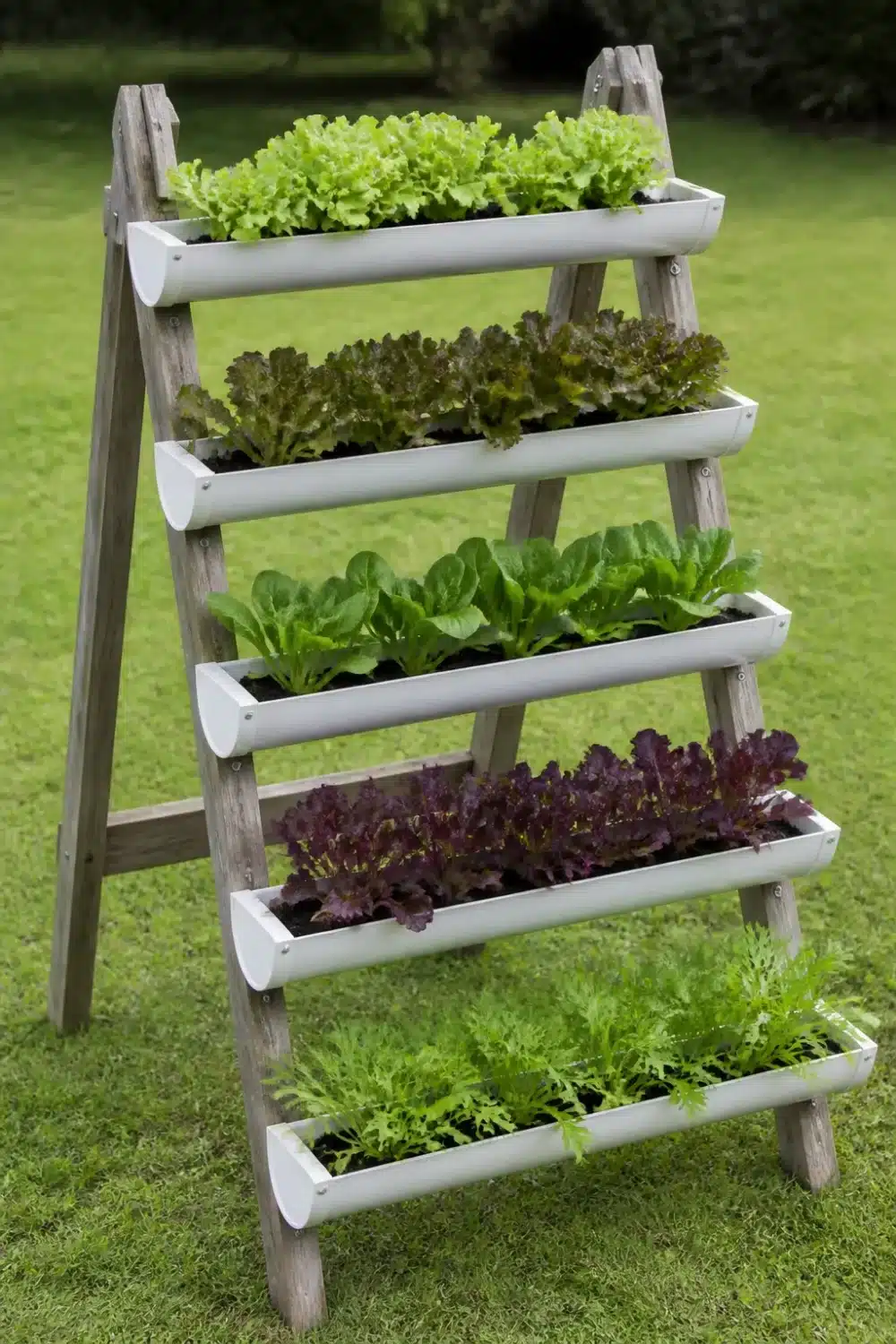 A-frame ladder rain gutter garden with five tiers of lettuce, bok choy, and carrot seedlings growing in white gutters