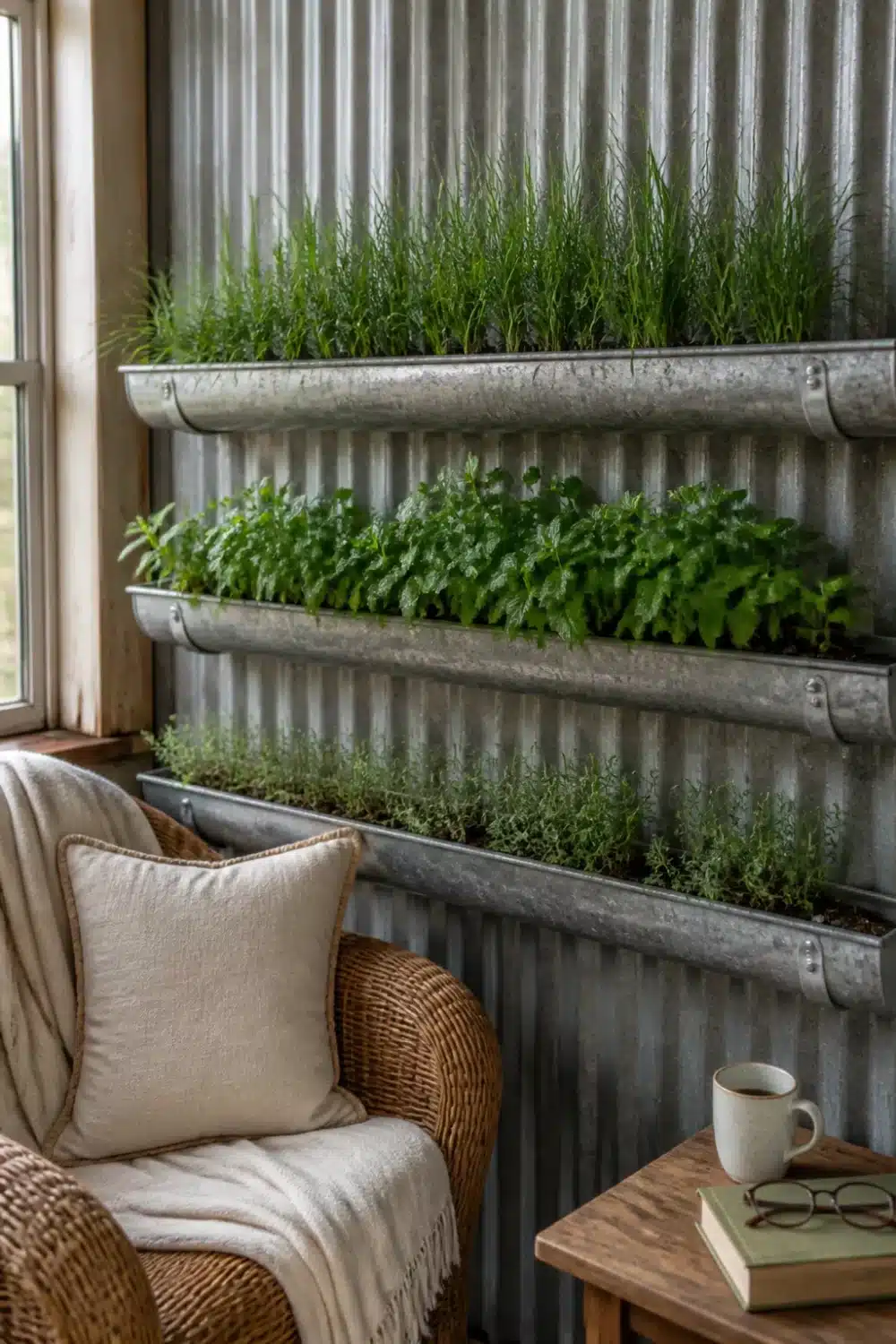 Rain gutter garden with three galvanized herb troughs mounted on a corrugated metal wall growing chives, mint, and thyme.