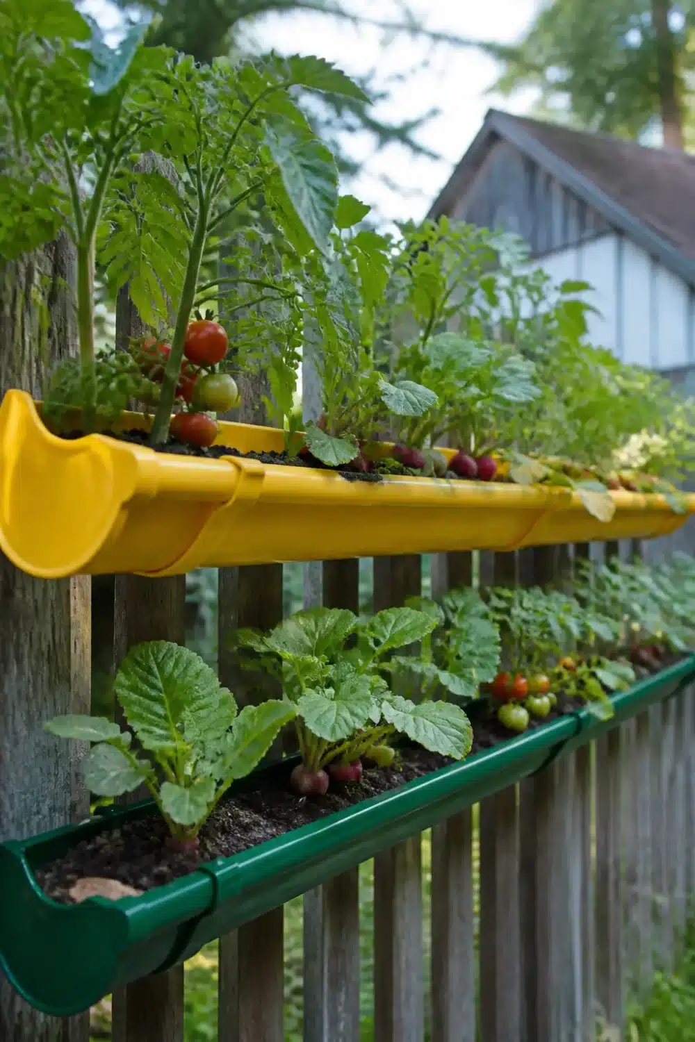 Yellow and green plastic rain gutter garden on wood fence growing cherry tomatoes and radishes