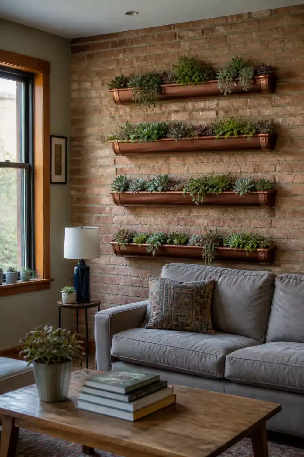 Copper rain gutter garden with succulents mounted in rows on an exposed brick living room wall.