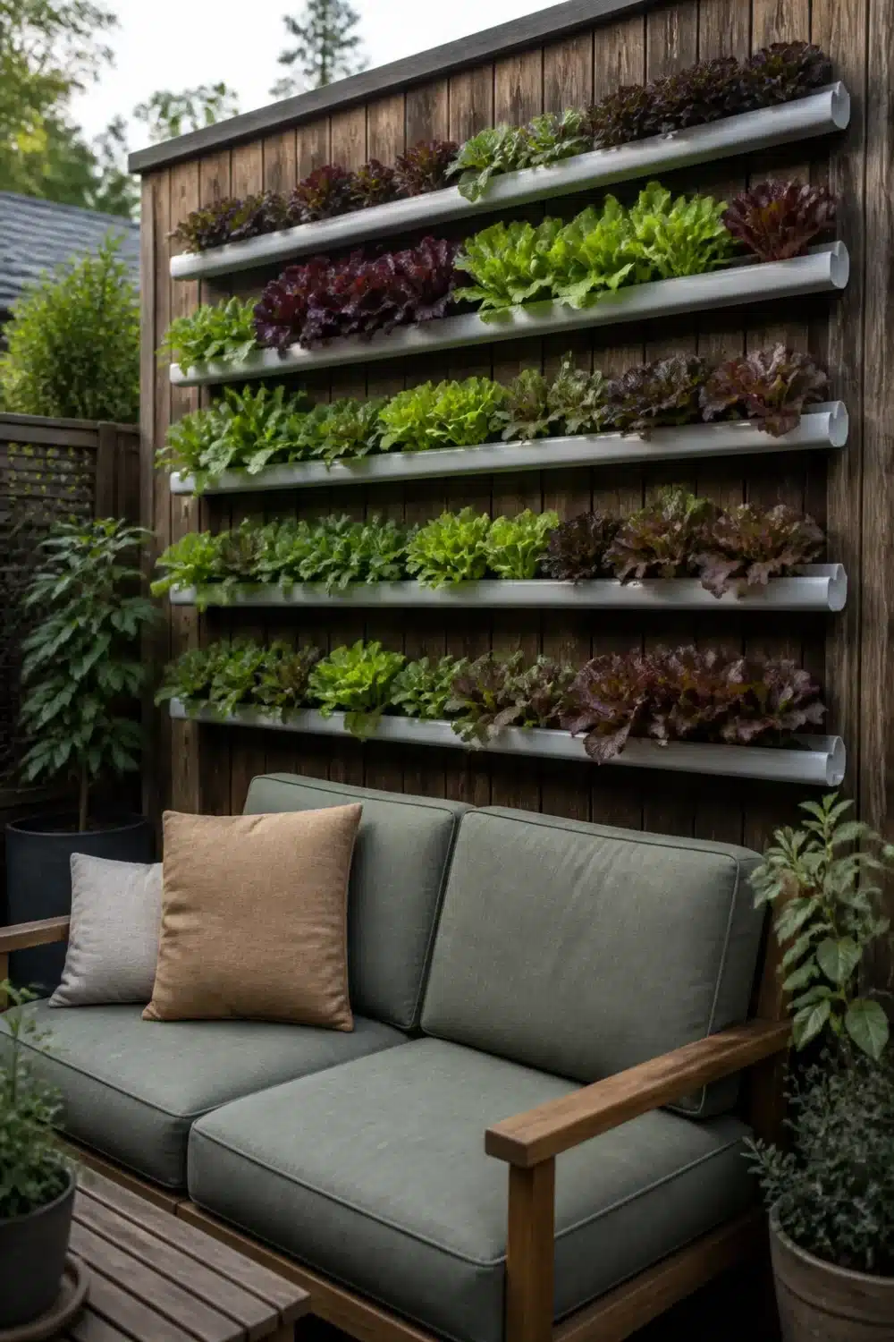Vertical rain gutter garden on dark wood fence with rows of red and green leaf lettuce above outdoor sofa.