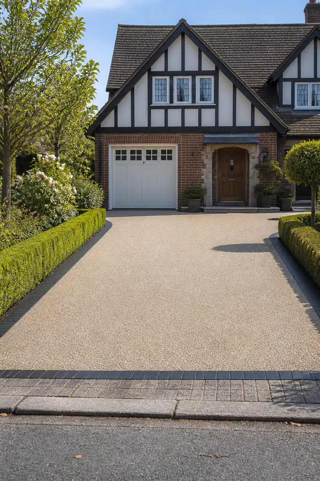 Cream resin driveway ideas with dark charcoal block border edging on a Tudor-style red brick home.