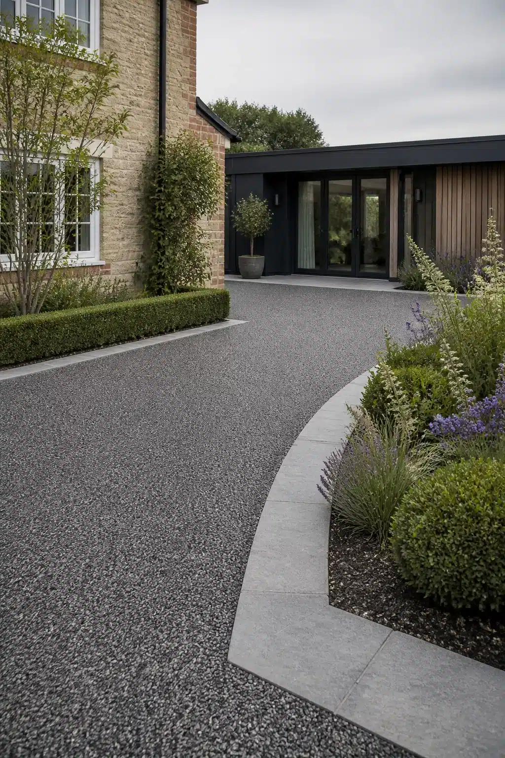 Graphite resin driveway ideas with curved porcelain sett border and lavender planting strip at a brick home