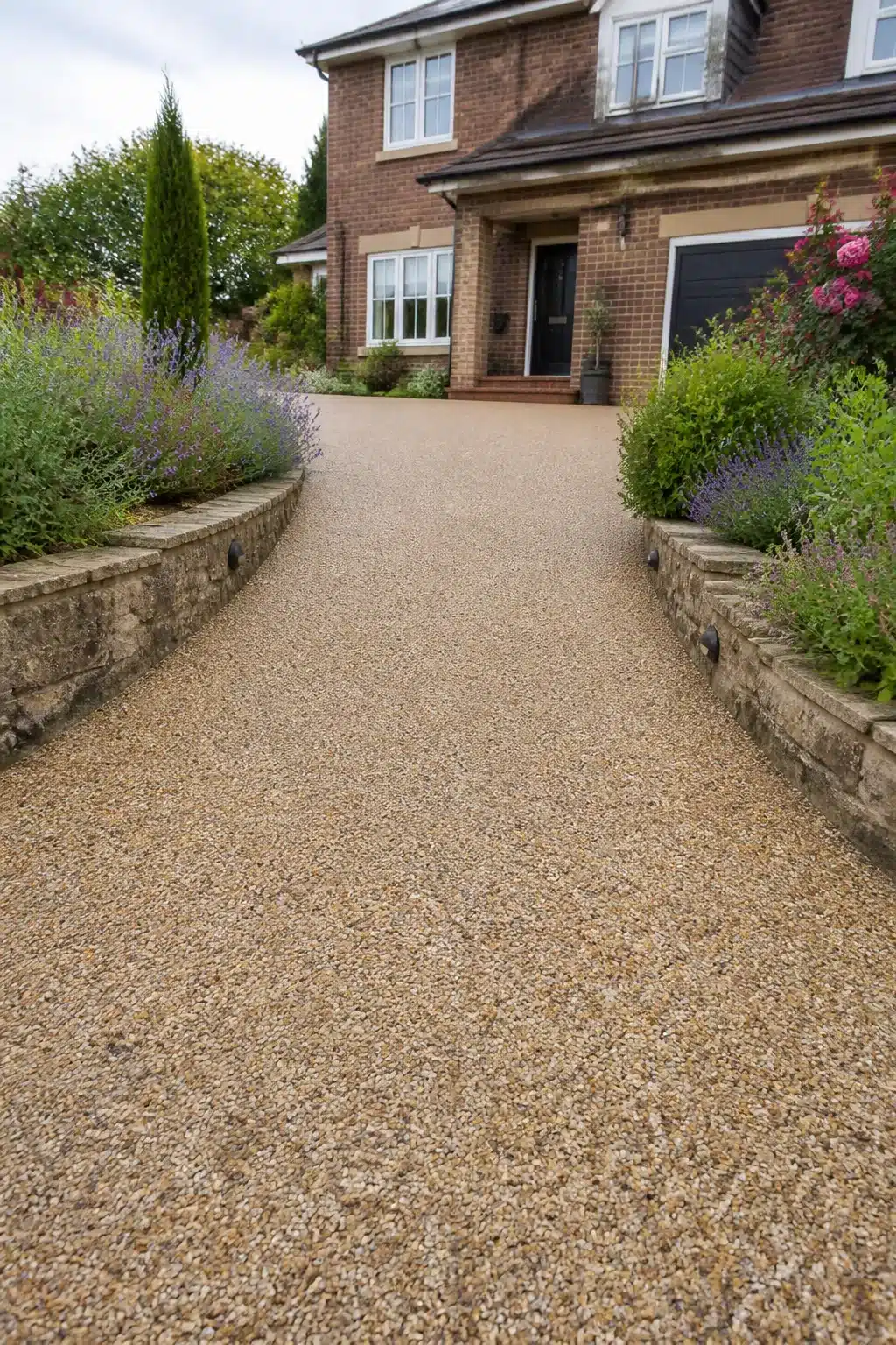 Natural pebble-effect resin driveway ideas with raised stone borders and planted edges on a sloped front drive