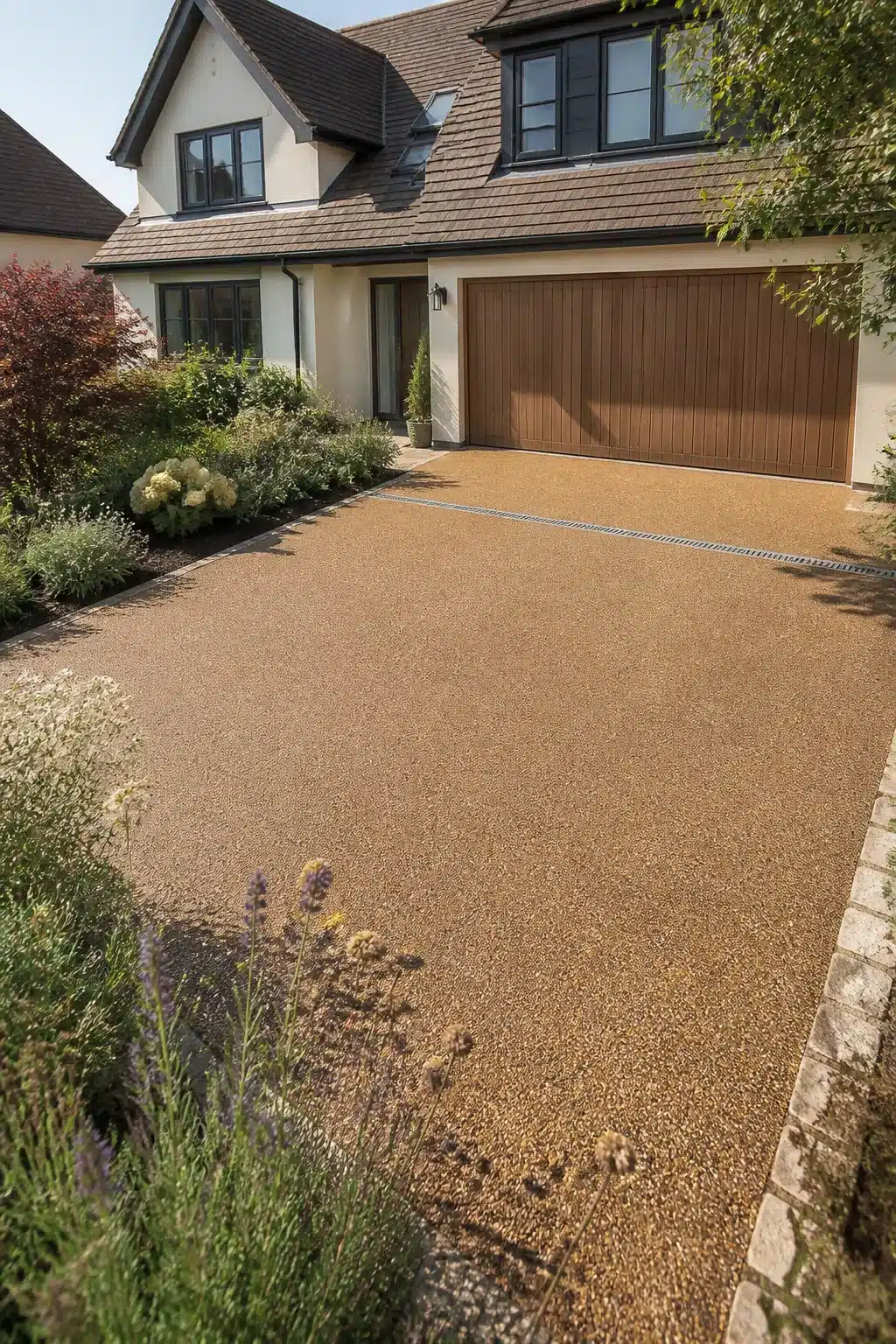 Honey brown resin driveway ideas with flush linear drainage channel and planted borders — bound aggregate finish