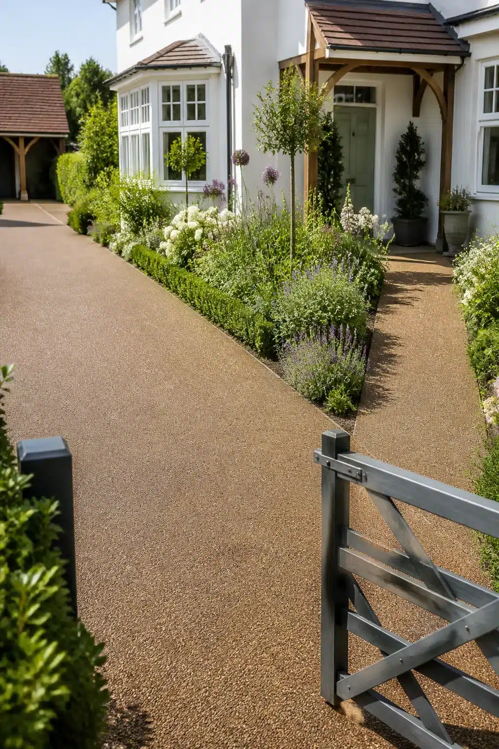 Mocha resin driveway ideas with bound aggregate surface and cottage-style planted border leading to white house