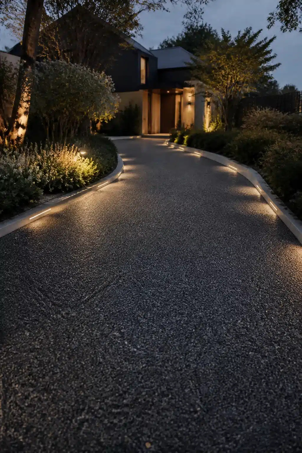 Resin driveway ideas with recessed linear edge lighting along a curved dark bound aggregate drive at night.