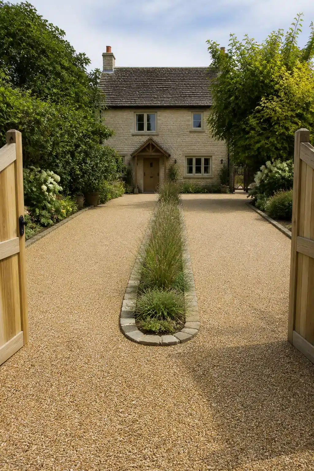 Resin driveway ideas featuring a warm aggregate surface with a long planted central grass strip and timber gates