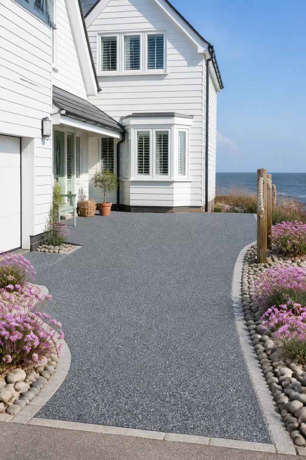 Slate blue-gray resin driveway ideas with pebble edging and pink coastal planting at a white clapboard home