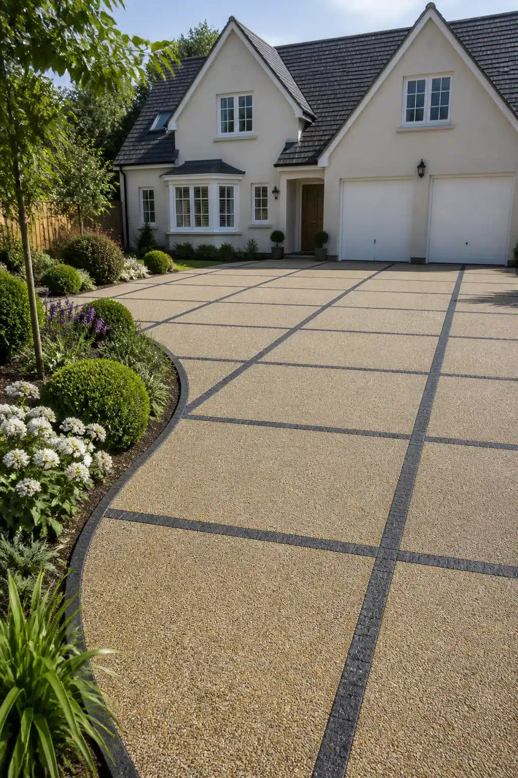 Resin driveway ideas with buff bound aggregate, dark grid joints, and curved planted border — formal front yard design.