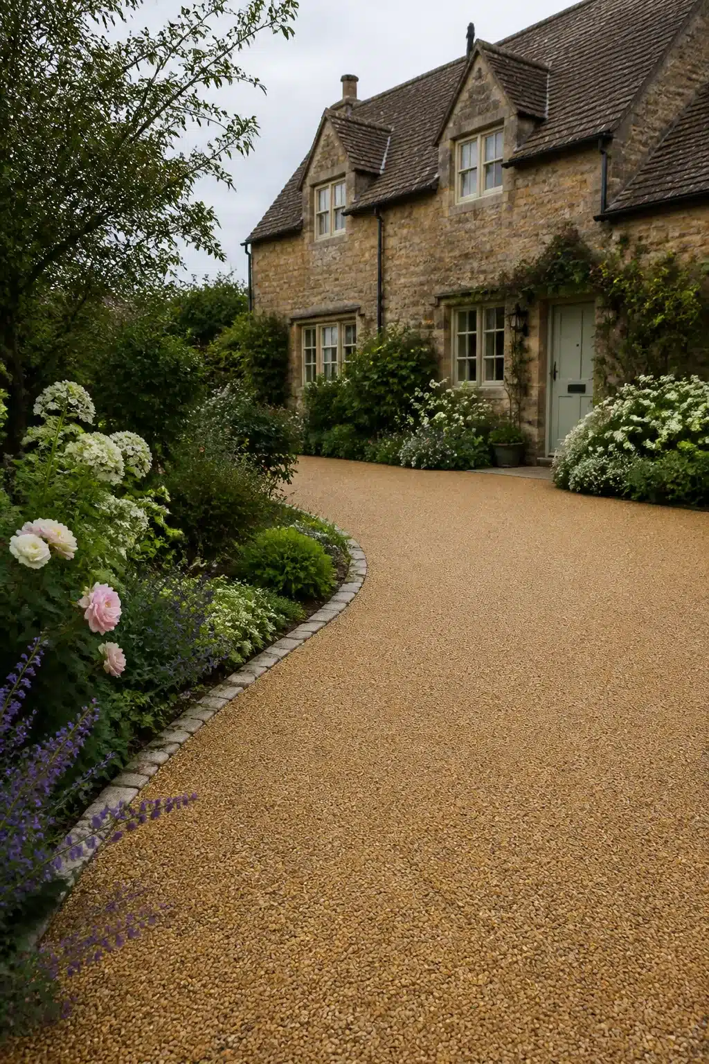 Warm gold resin driveway ideas with curved cobblestone edging and cottage garden planting of roses and hydrangeas