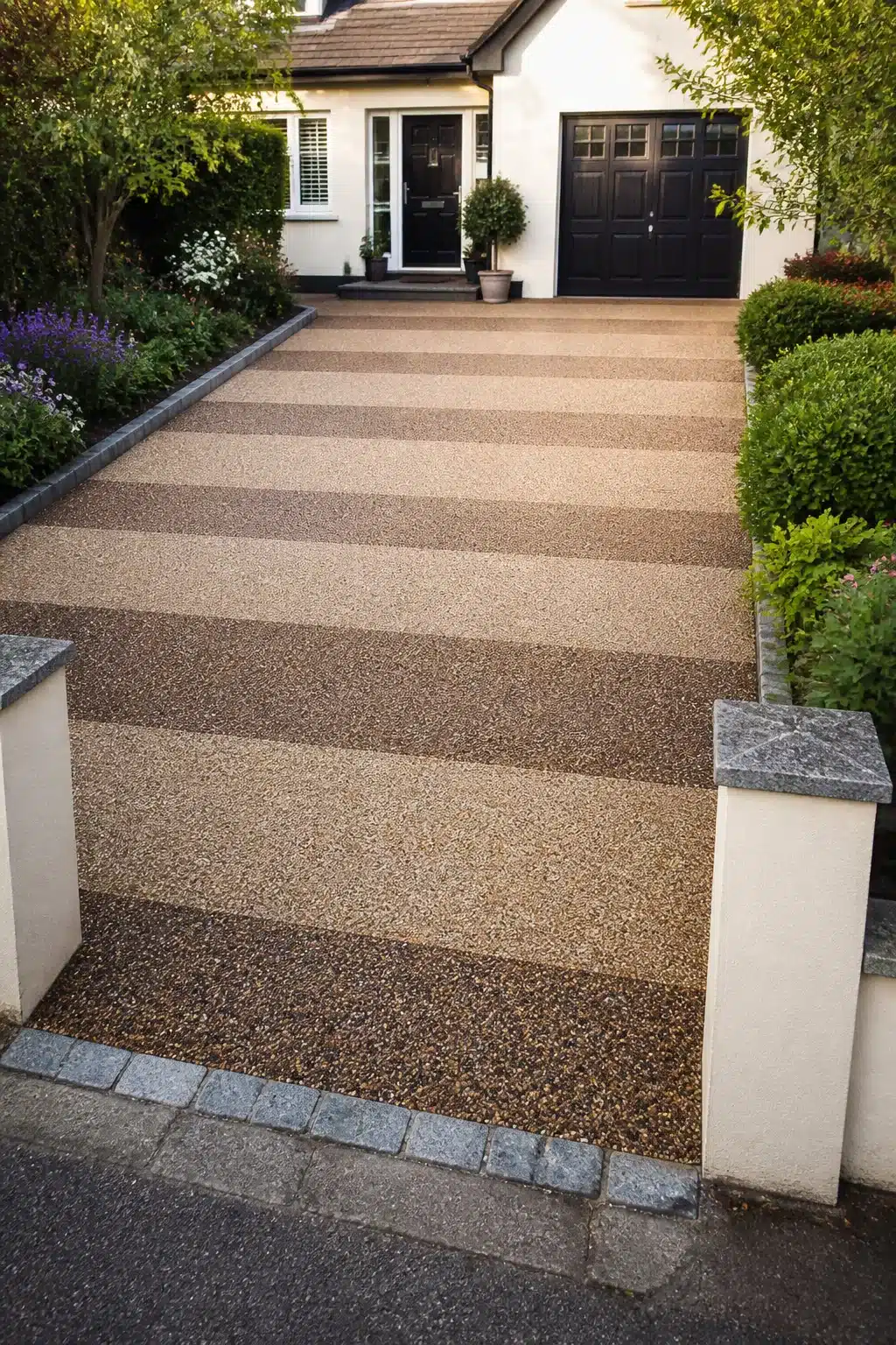 Two-tone striped biscuit and mocha resin driveway ideas with bound aggregate bands and granite sett edging