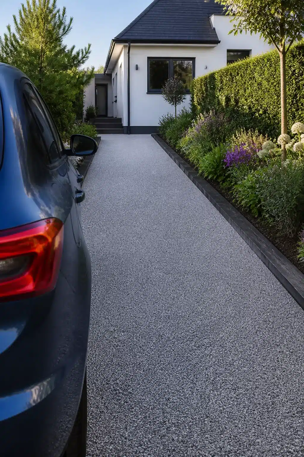 Silver gray resin driveway ideas with dark sleeper edging and lush border planting alongside a white rendered home
