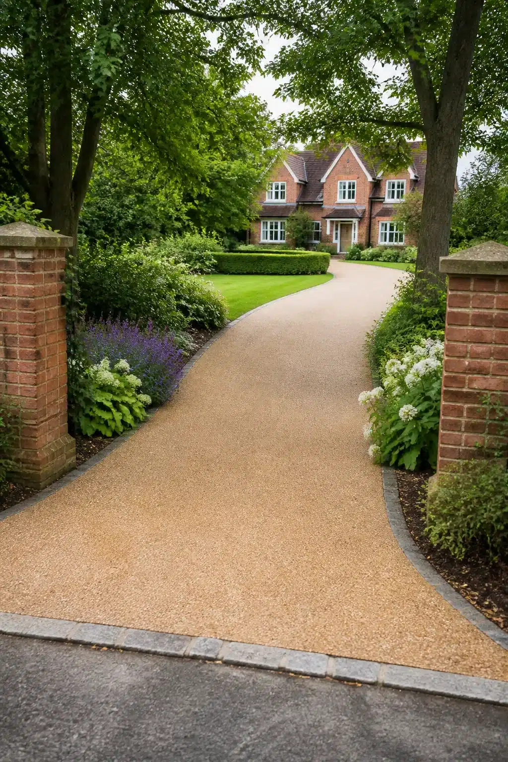 Sandy buff resin driveway ideas — long sweeping bound aggregate drive with brick pillars and lush garden planting