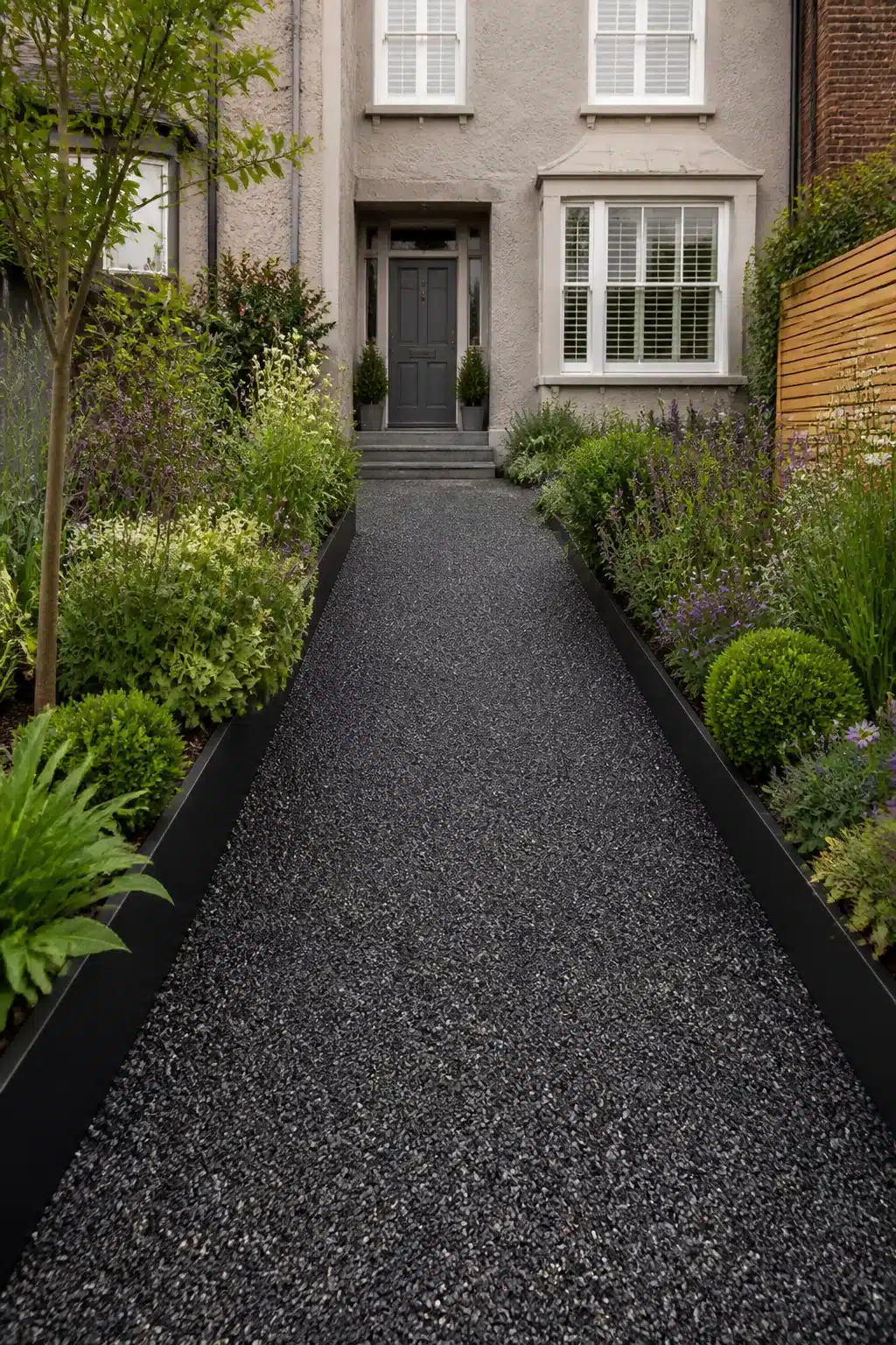 Black resin driveway ideas with fine dark aggregate and lush planted borders on a contemporary town house